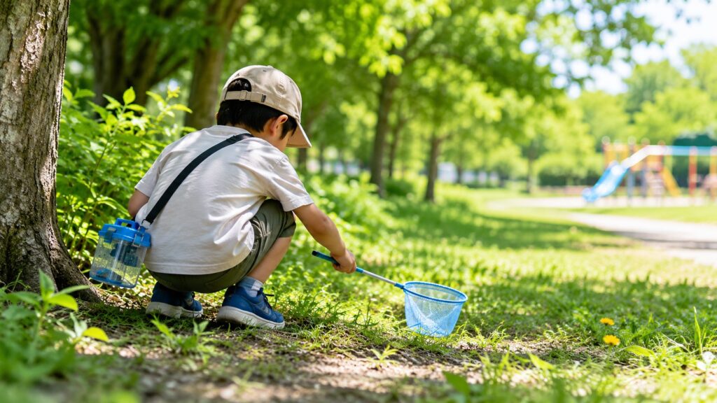 公園で虫を探す子供の後ろ姿