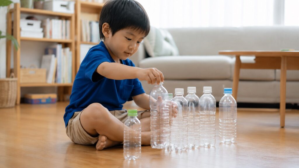 ペットボトルを並べる子供