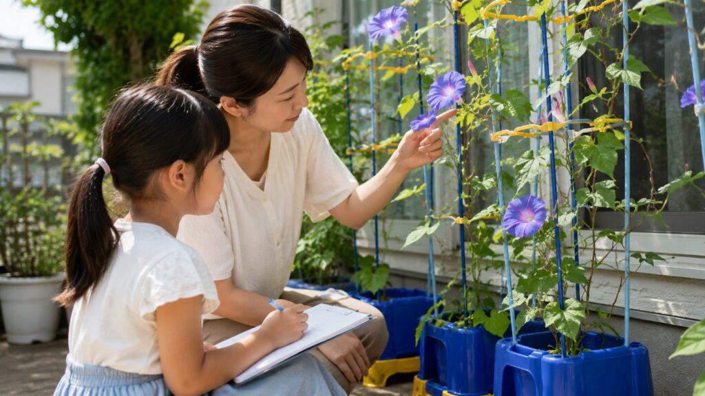 朝顔の観察をする親子
