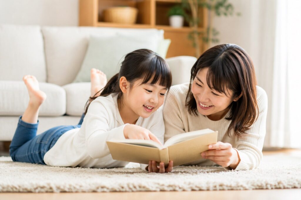 おうちでのんびりする母子