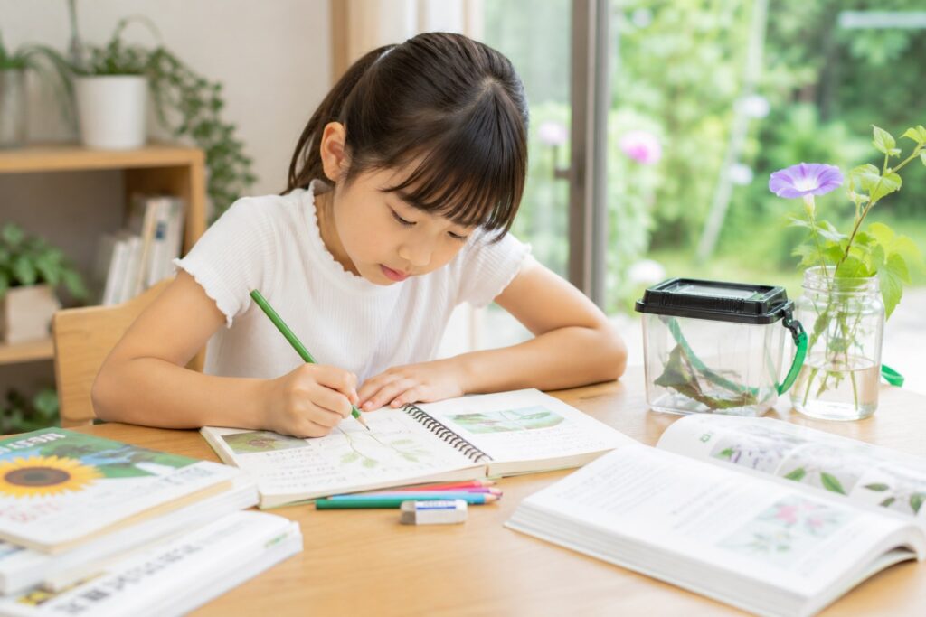 観察日記をつける子供