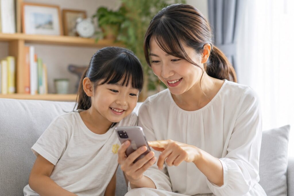 スマホで検索する母子