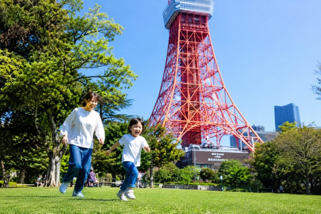東京タワーの下の公園で遊ぶ親子
