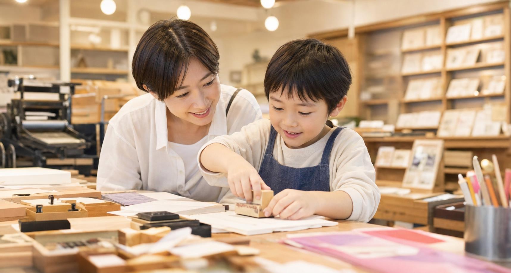 紙や印刷やものづくりを体験する子供のイメージ