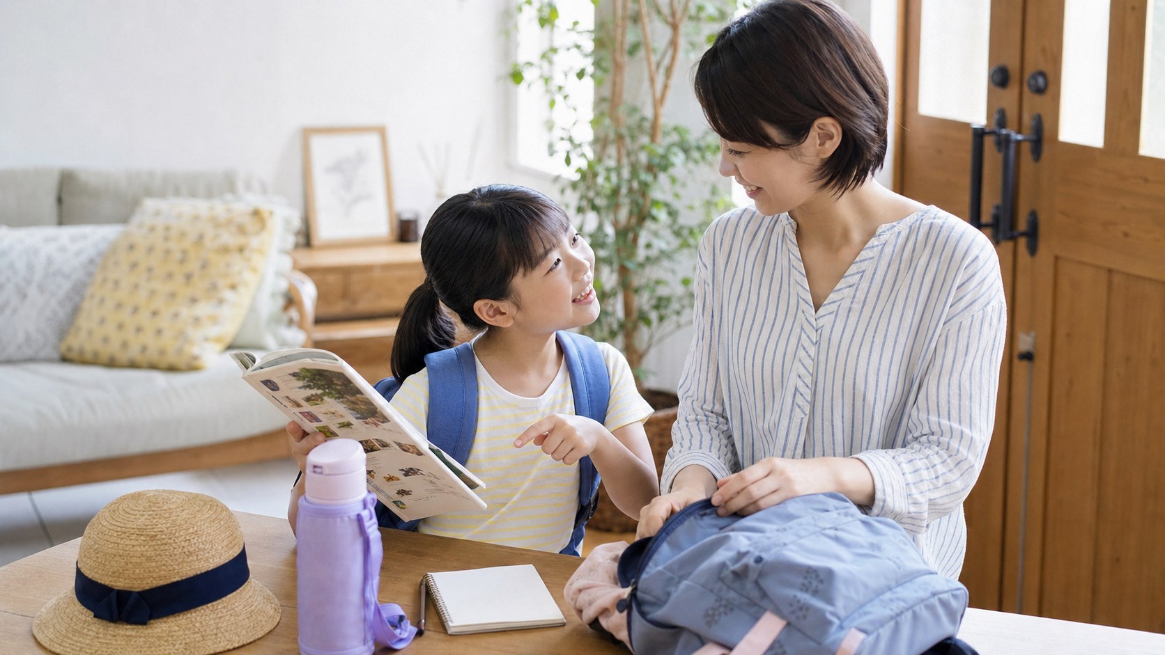 夏休みの日帰りおでかけの準備をする親子