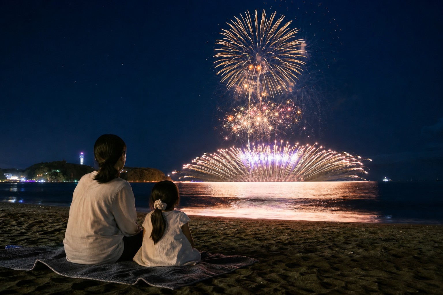 湘南の砂浜から海上花火を楽しむ親子