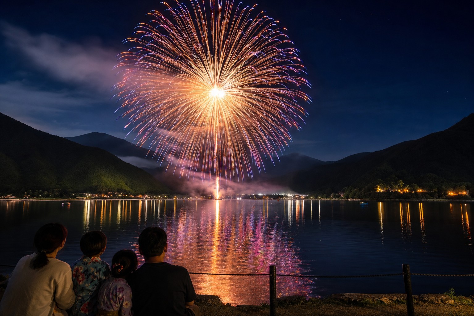 山に囲まれた湖で湖上花火を眺める家族