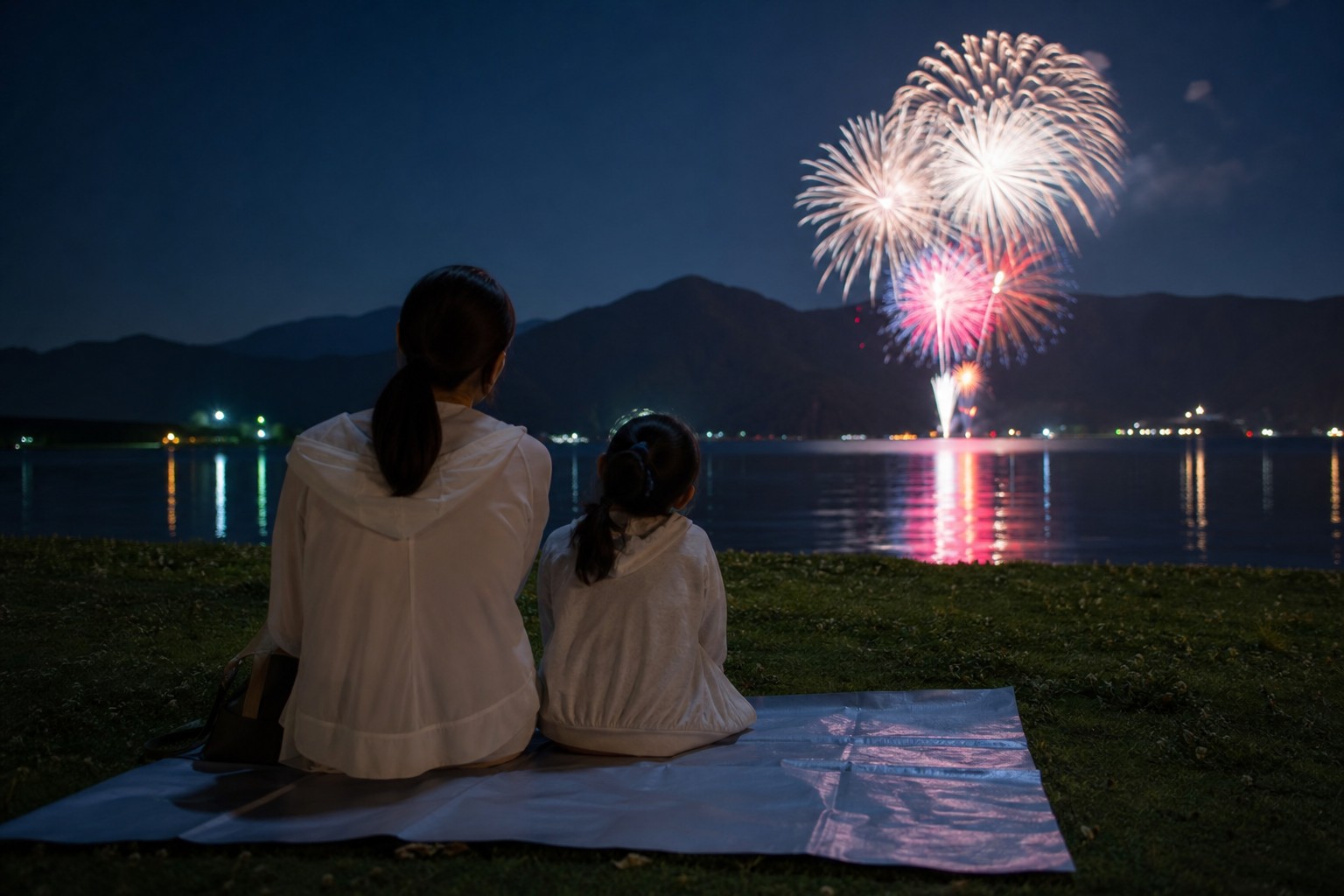 湖畔の芝生から短時間の花火を楽しむ親子