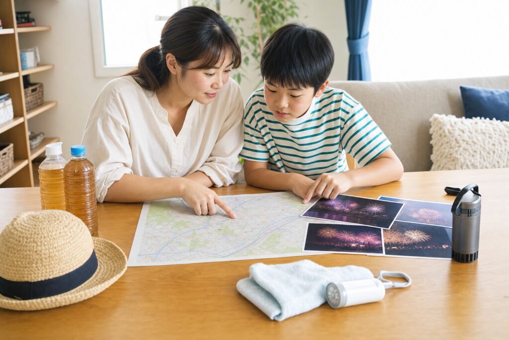 駅からの距離や有料席を比較して花火大会を選ぶ親子