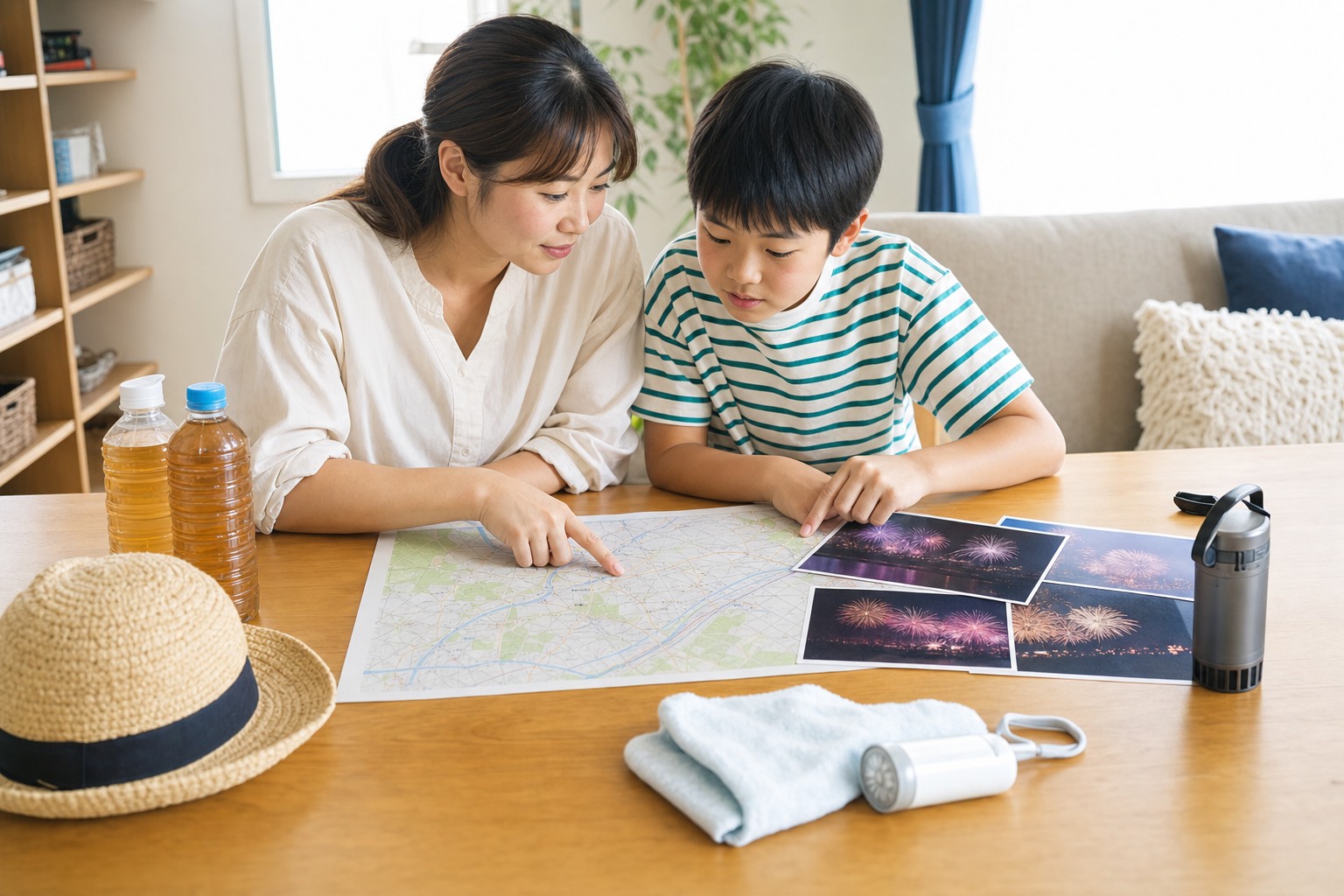 花火大会の待ち時間について相談する親子