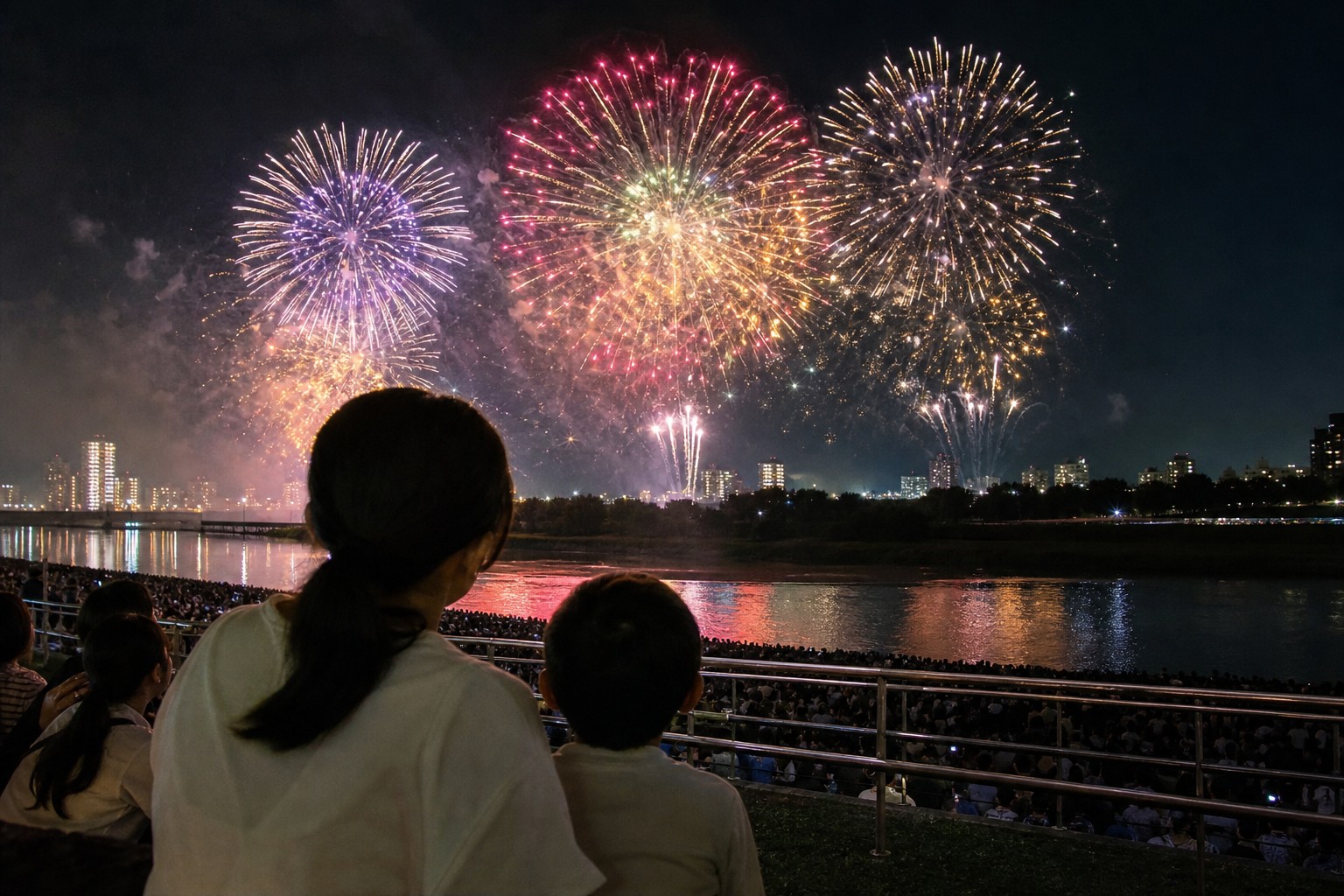 荒川の両岸から打ち上がる花火を眺める親子