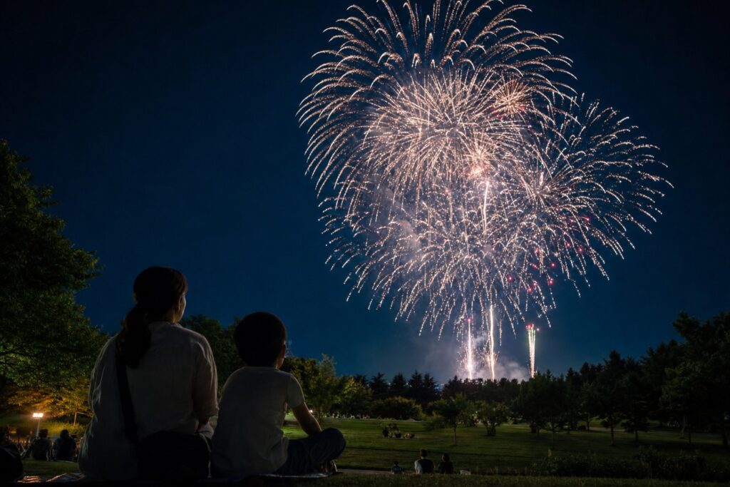 自然に囲まれた公園周辺で花火を眺める親子