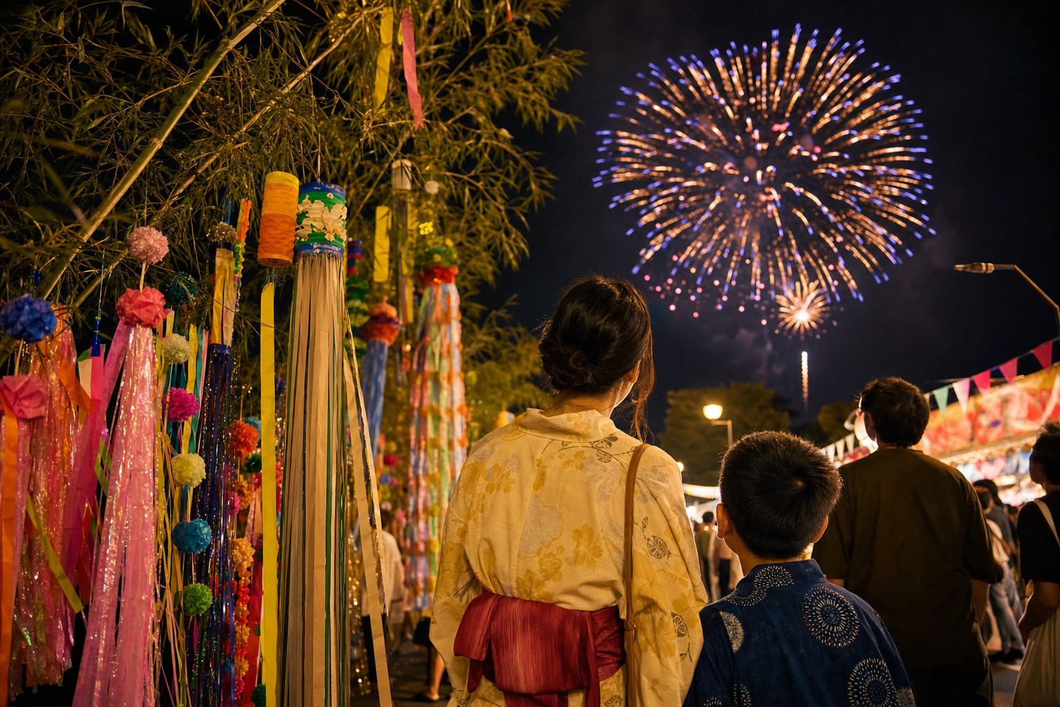 七夕飾りと夜空の花火を楽しむ親子