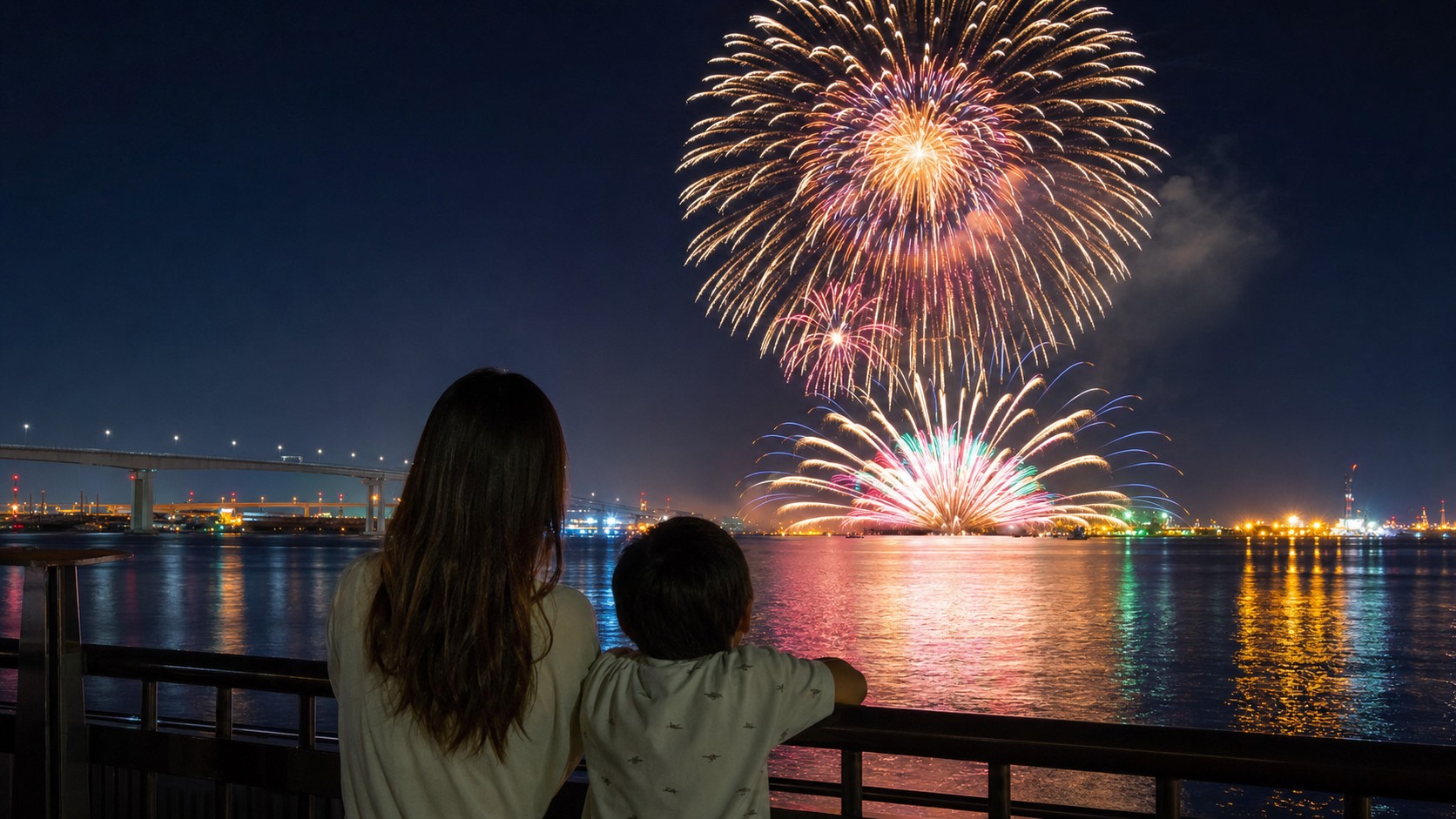 港町の夜景と海上花火を眺める親子